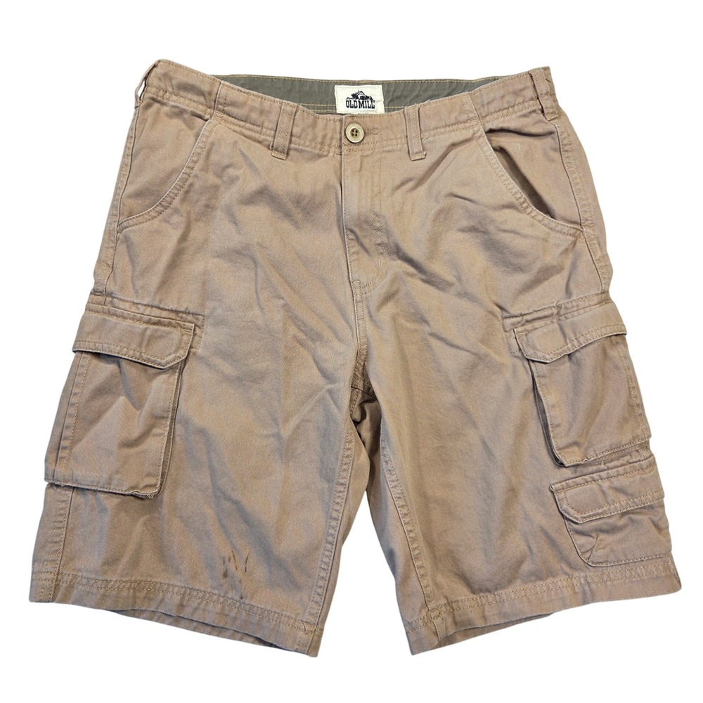Old Mill Mens Khaki Tan Cotton Twill Cargo Shorts 32 Relaxed Outdoor Utility